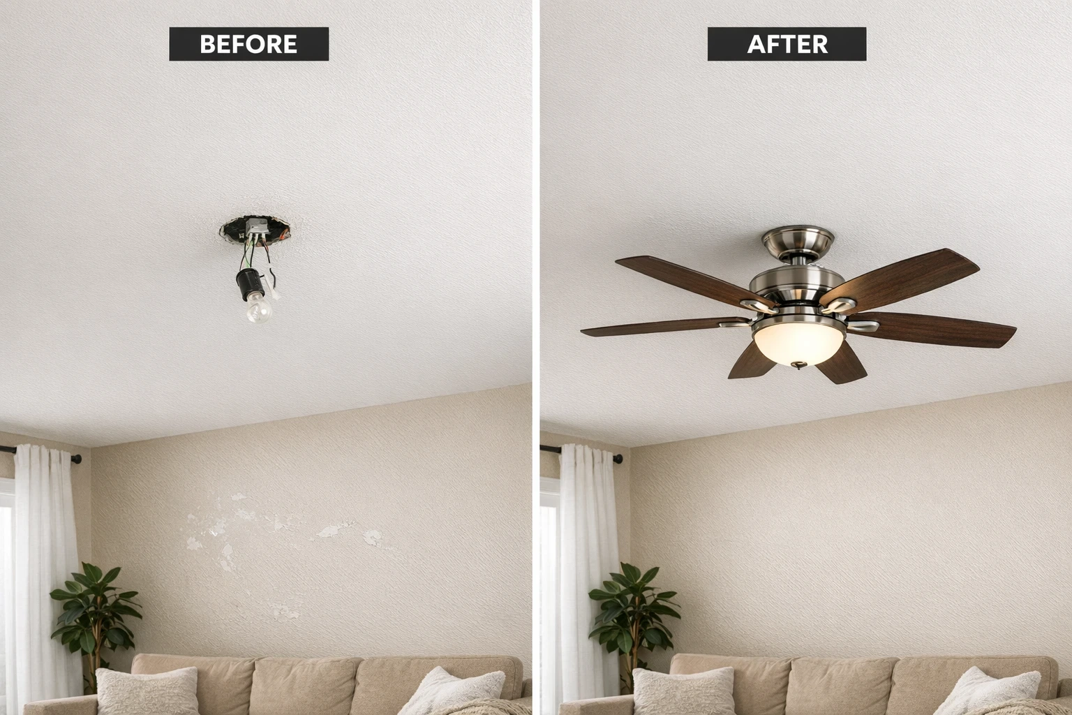 Before-and-after ceiling fan installation photo from a Las Vegas handyman project.